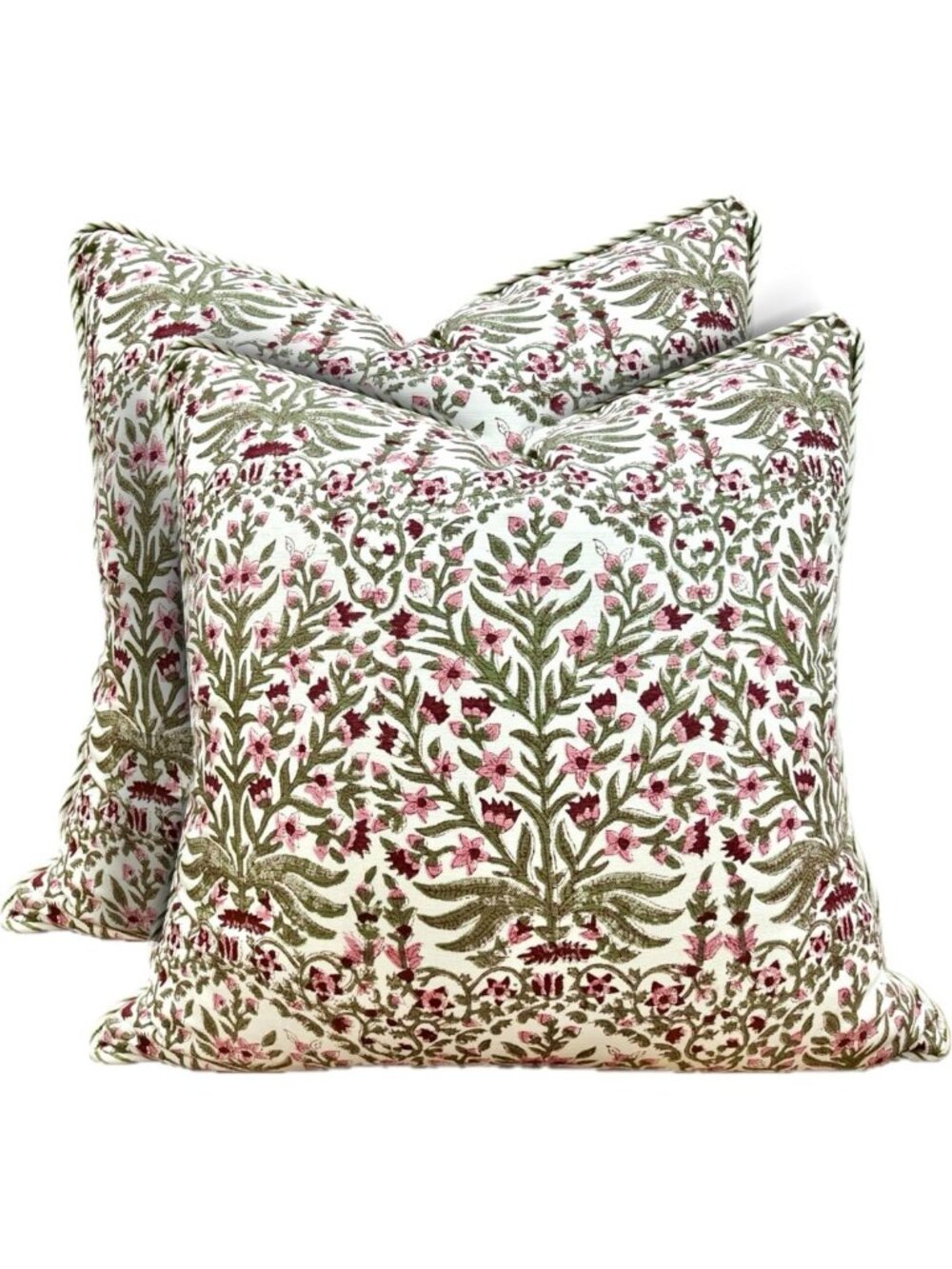 Set of 2 Cotton Blockprint Throw Pillow Covers, Nargis Pink, 18x18 Decorative